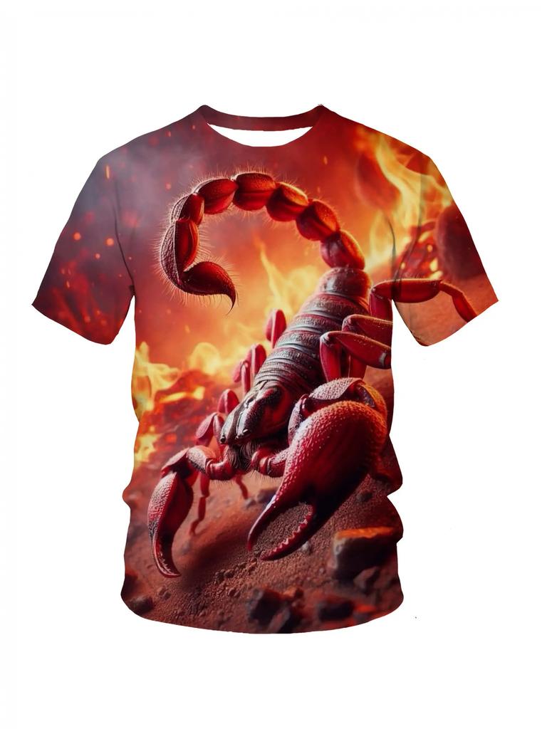 3D Red Scorpion Flame Desert Rock Printed T-shirt Horror Animal Men's Short Sleeve Top Summer Casual Round Neck Clothing