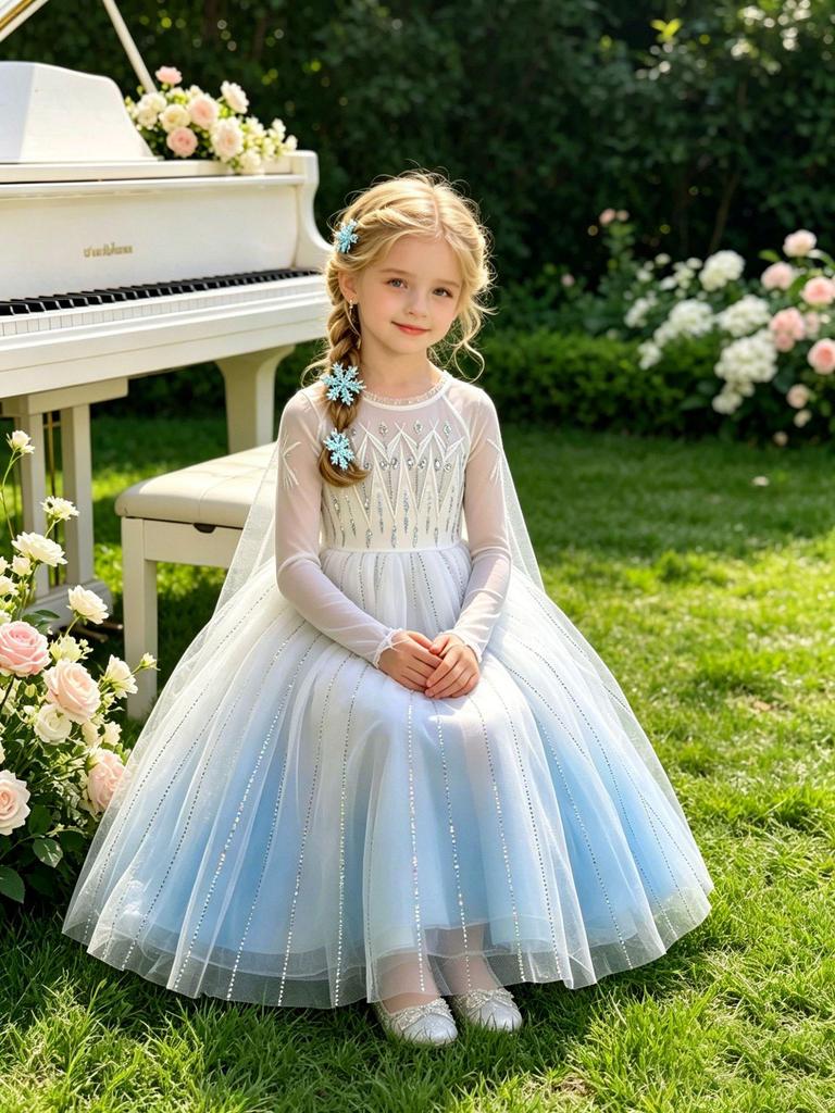 Elsa-Style Embroidered Beaded Girls' Ice Queen Dress: Birthday and Piano Performance Gown