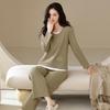 Pure cotton pajamas women's spring and autumn long-sleeved round neck casual fake two pieces women's autumn can wear loungewear suit