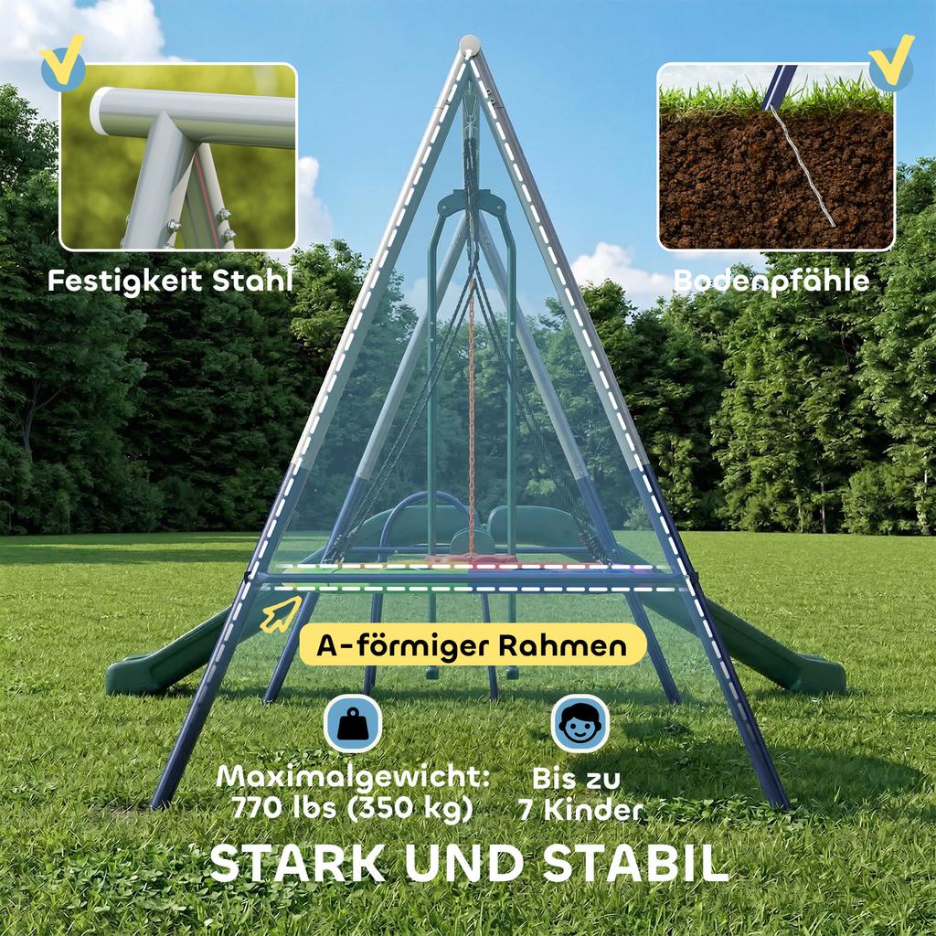 5-in-1 Swing Set with Slide Height-Adjustable Swing Frame with Nest Swing 382x196x203 cm Multicolor