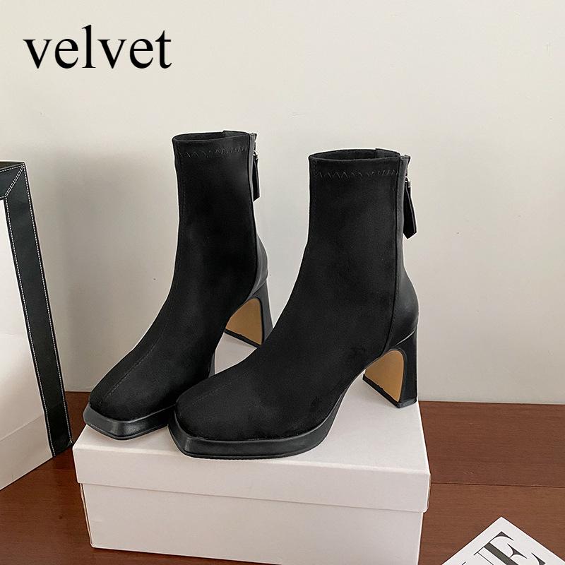High Heels Women's Autumn and Winter New Suede Short Boots Thick Heels Slim Boots Black Square Toe Short Boots Womens platform