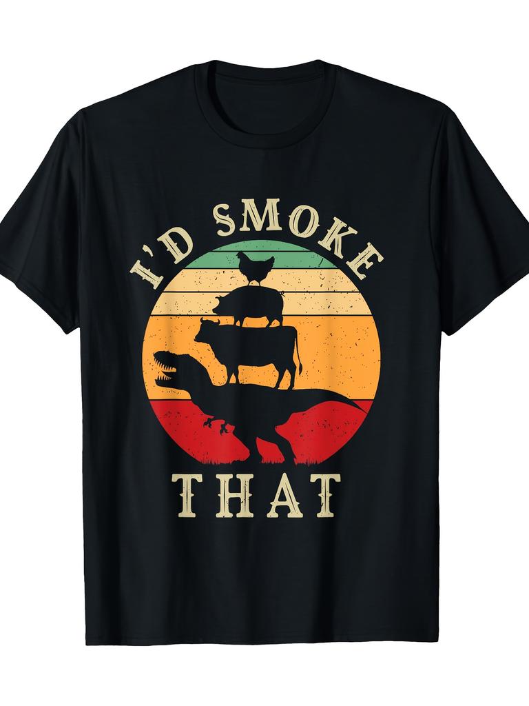 Id Smoke That BBQ Dinosaur Stack Graphic Tee Men Casual Short Sleeve TShirt Breathable
