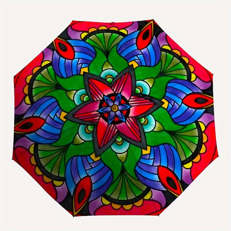 

1pc Stained Glass Mandala Folding Umbrella , 8 Ribs Casual Durable Lightweight Portable Travelling Umbrella For Men & Women yy250728099