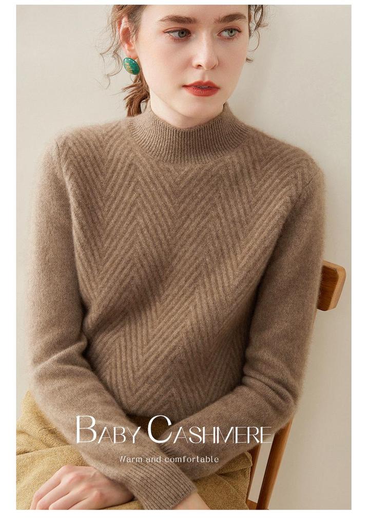 Women's Cashmere V-Neck Twill Sweater - Half-High Collar, Long Sleeve, Loose Fit, Slimming Base Layer for Autumn & Winter.
