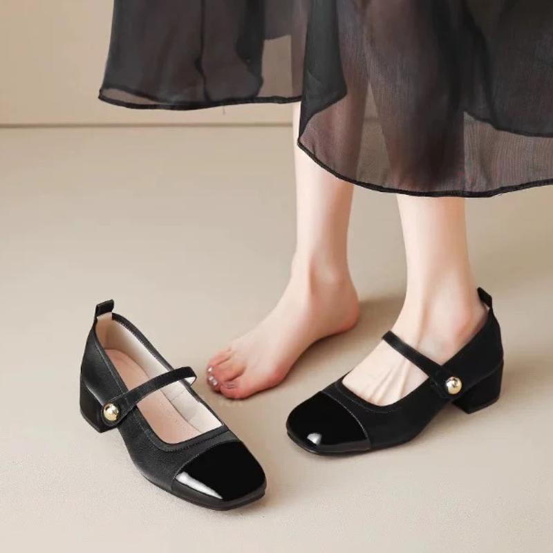 2025 Office Lady Pumps Square Toe Block Heels Buckle Strap Mixed Plus Mary Janes Soft Women High-heeled Shoes