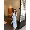 Design Sense Fake Two Pieces Blue Shirt Dress Women's Clothing Autumn and Winter Niche Design Showing Thin Temperament POLO Long Dress