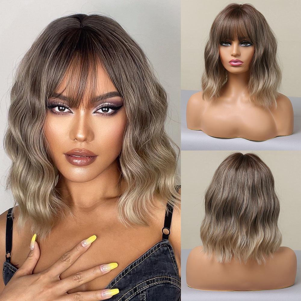 EASIHAIR Short White Bob Synthetic Wigs Short Wavy Lolita Natural Hair Wigs with Bangs for Women Heat Resistant Cosplay Wig