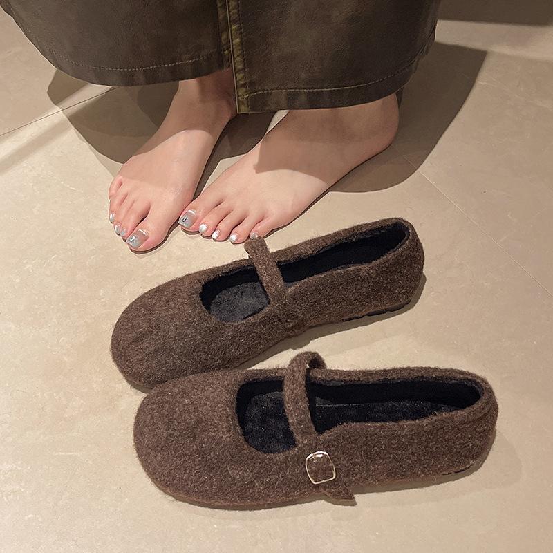 Ein Wort mit Wollmaterial flacher Mund Einzelne Schuhe Damen 2025 Herbst und Winter runde Zehen flauschige Schuhe niedriger Absatz Jugend Doudou Damenschuhe
