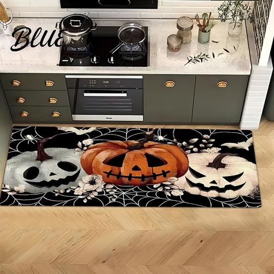 Easy Clean Floor Mat Halloween Kitchen Rug Pumpkin Bat Black Cat Non-slip Mat