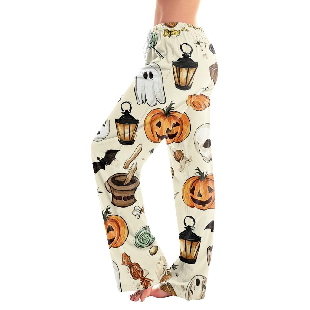 Damen Halloween Print Kordelzug Hose Lässige Lounge Hose Elastischer Bund Entspannte Passform Vollständige Länge Hose für den Alltag