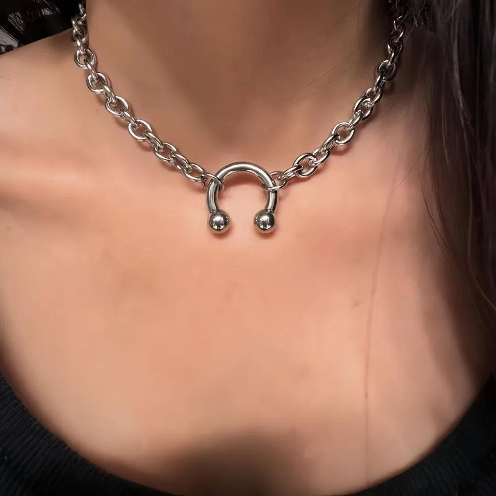 

Hip Hop Punk Sliver Color Stainless Steel Geometry U-shaped Horseshoe Nail Pendant Necklace for Men Women Collar Chain Jewelry