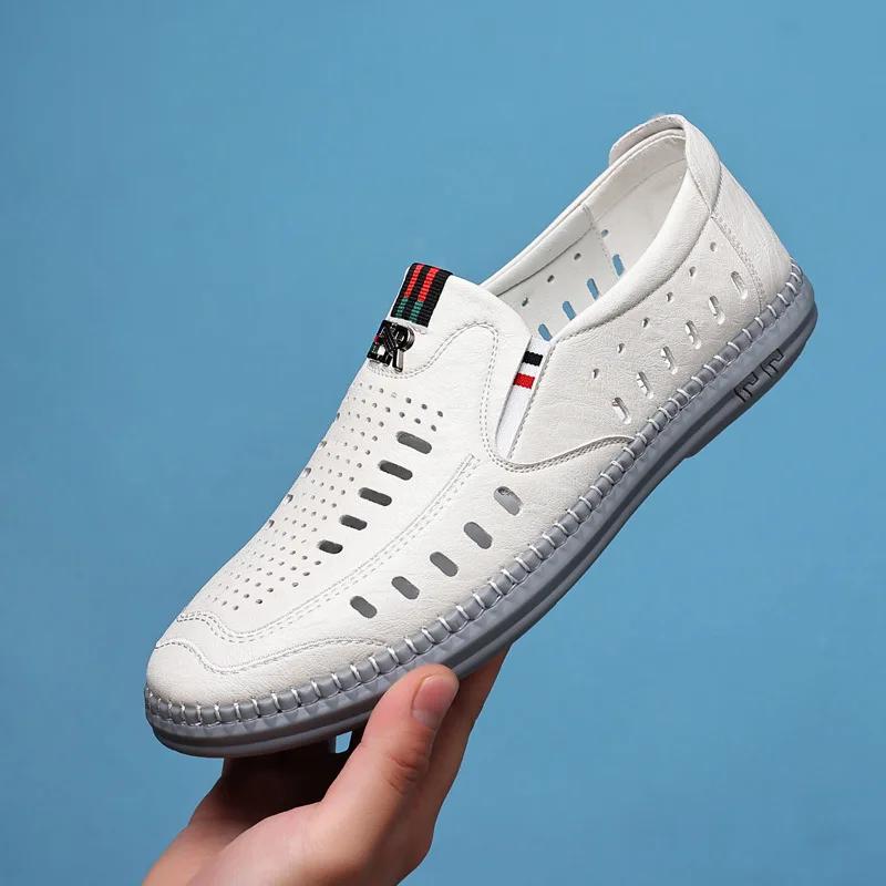  Summer Men Fashion Sandals Leather Casual Man Shoe Male Mesh Hollowed Soft Bottom Breathable Slippers Men's Shoes Sneaker