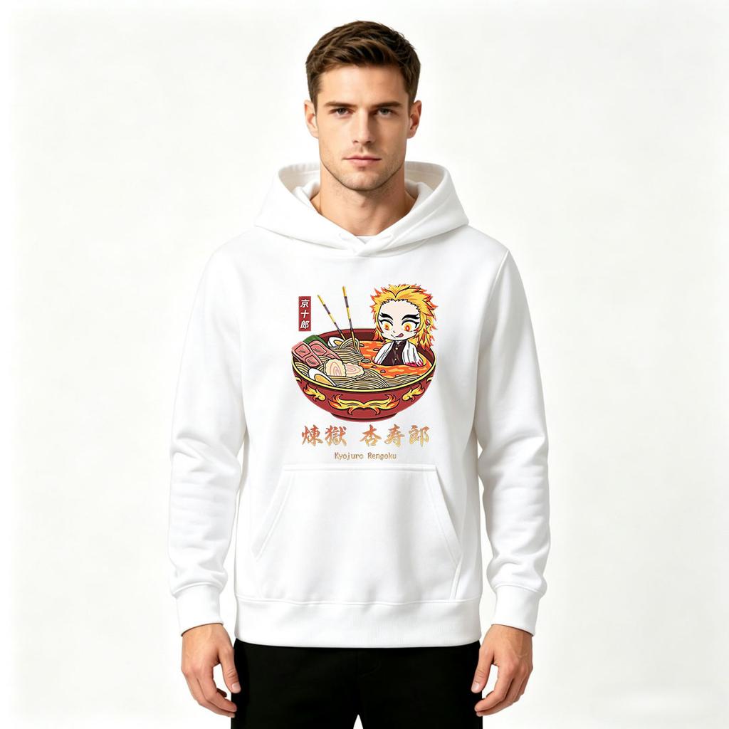 Men's Print Pullover Hoodie, Cute Anime Character Ramen Bowl Pattern Casual Hooded Sweatshirt