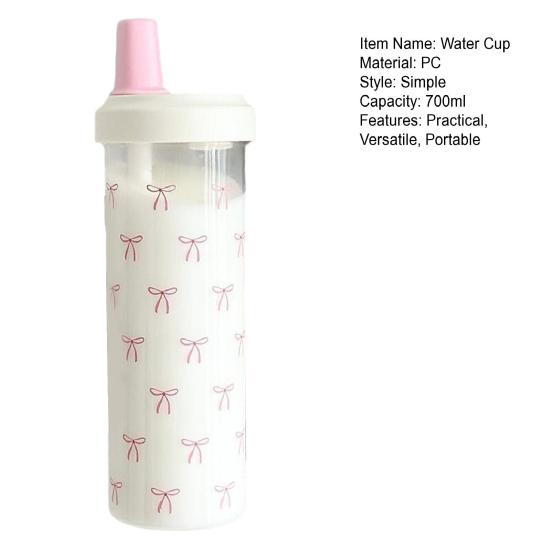 Pink Bow Print Water Bottle with Straw Lid 700ml Cute