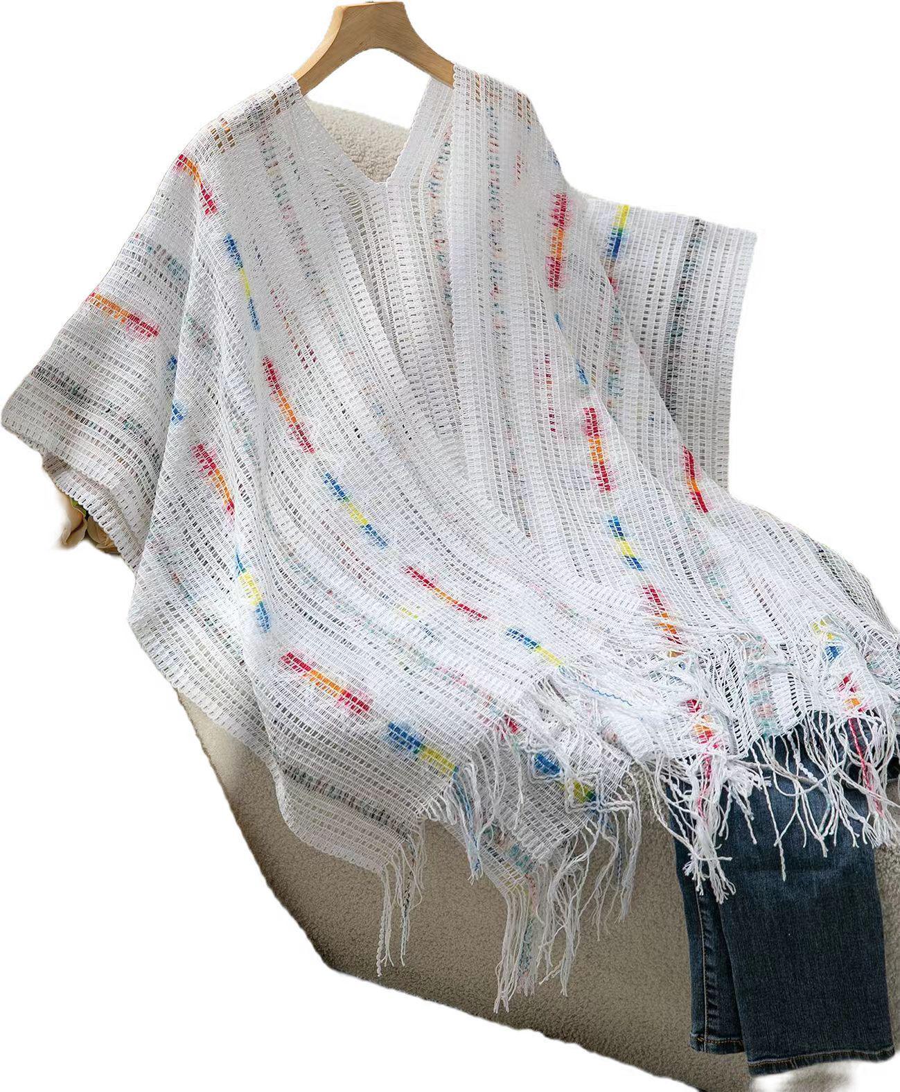 2025 Spring/Summer Women s Thin Rainbow Stripe Shawl Cardigan with Tassels белый
