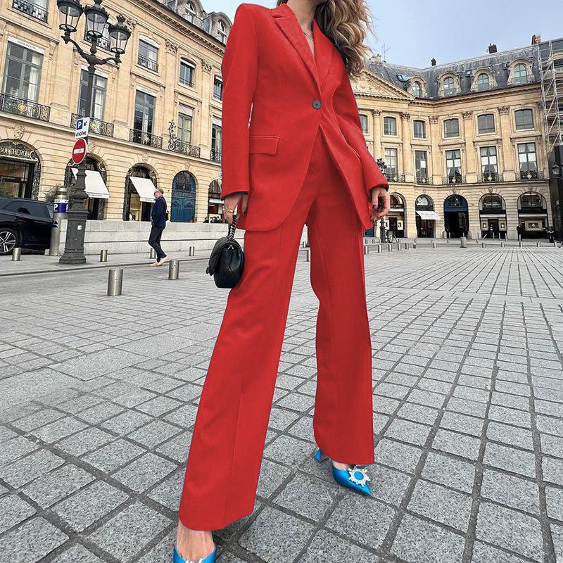 2 st/set Kvinnor Kappa Byxor Kostym Enfärgad Lapel Formell Business Style Långärmad Enkelknapp Bred Ben Rak Pendelkontor