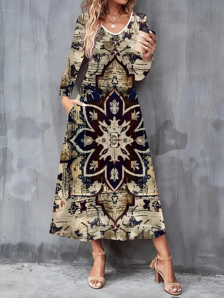 2025 Herbst und Winter Neue Damen Casual Mode Kleid 3D Retro Totem Druck Langarm V-Ausschnitt A-Linien Kleider