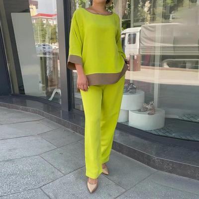 2025 European & American Women's Plus Size Casual Round Neck Top & Straight Leg Pants Set