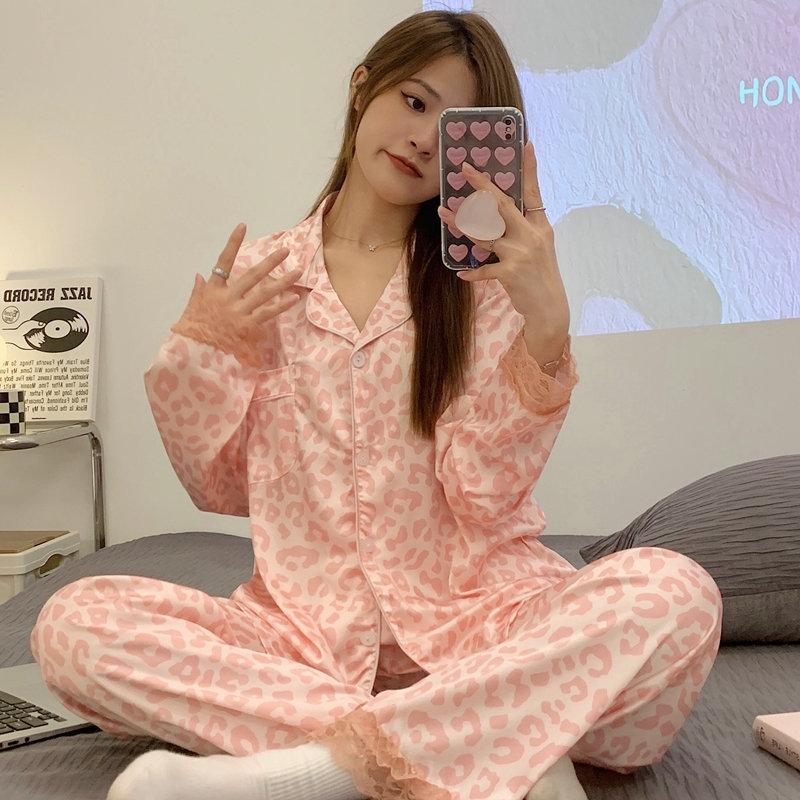 Pink Leopard Print Long-Sleeved Cardigan Pajamas Women'S Casual Spring Loungewear Set
