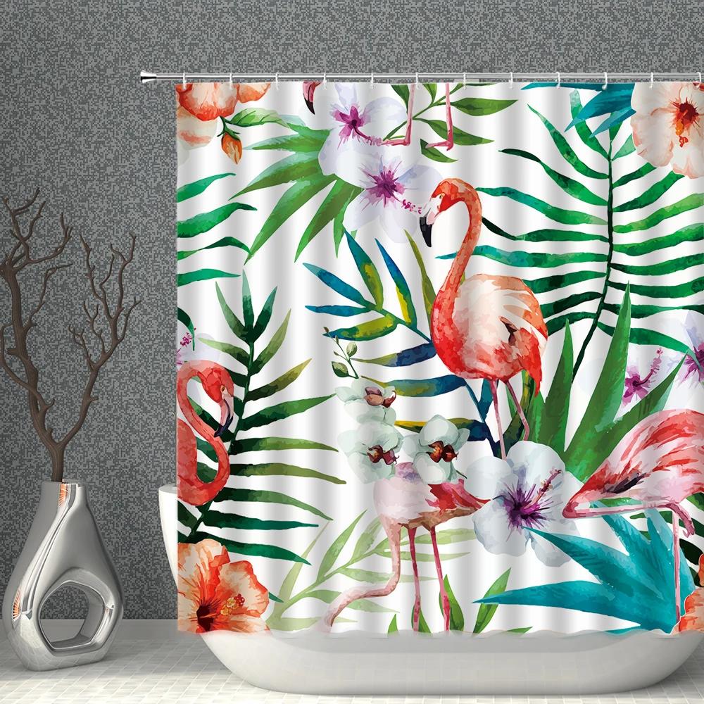 Pink Flamingo Shower Curtain Waterproof Fabric Black Background Tropical Plant Flamingos Print Bathroom Curtains Set Bath Screen