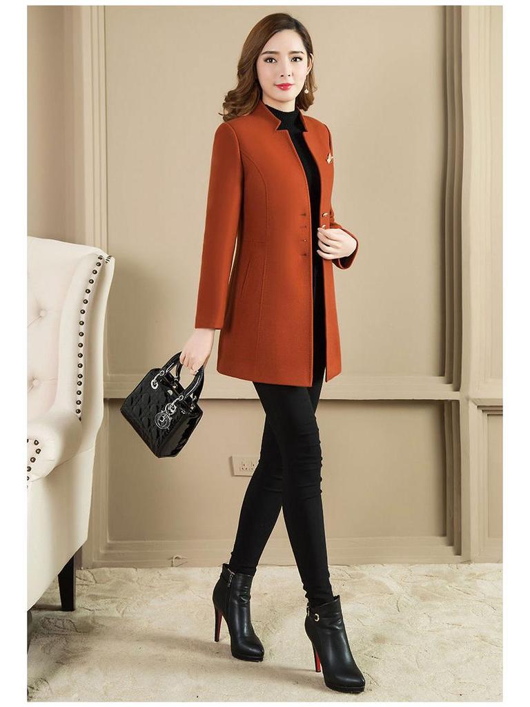 Manteau en laine mi-long pour femme avec coupe slim et col montant court pour l'automne/hiver