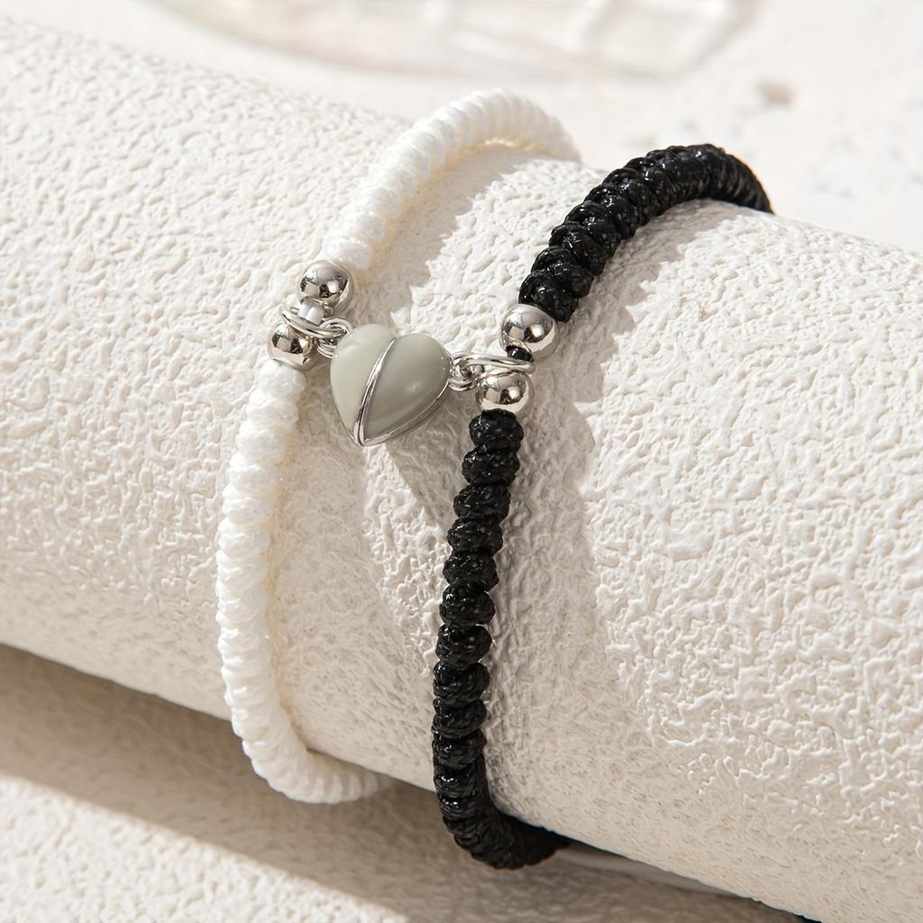 Glow-in-the-Dark Heart Charm Adjustable Woven Couple'S Bracelets, Simple Style, for Daily Wear & Valentine'S Day Gift, All Seasons