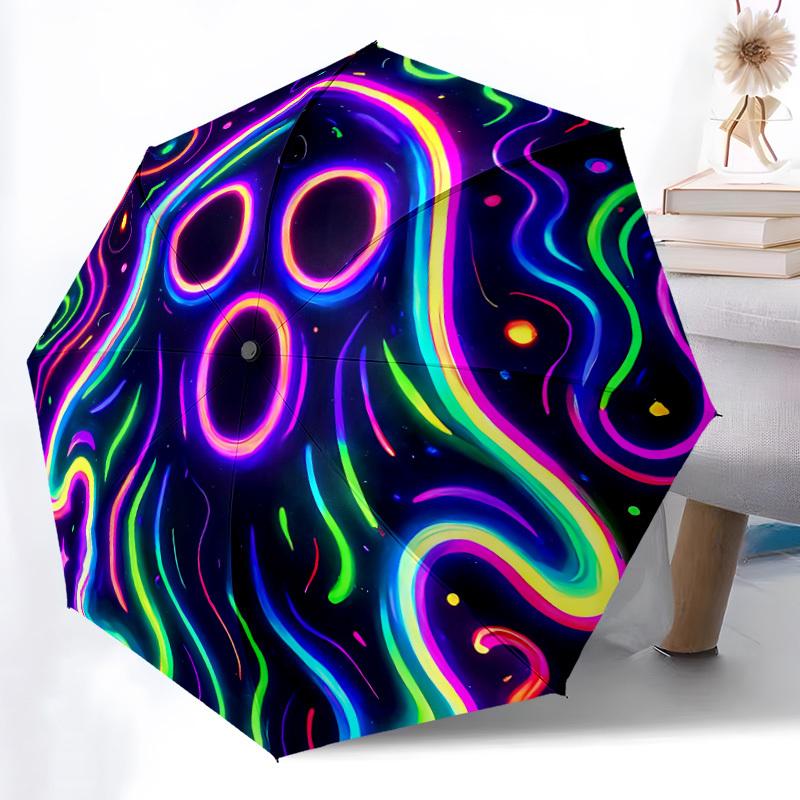1pc Neon Ghost Automatic Folding Umbrella with 8-Rib Windproof Design, Portable Foldable Sunshade Umbrella For Halloween 017