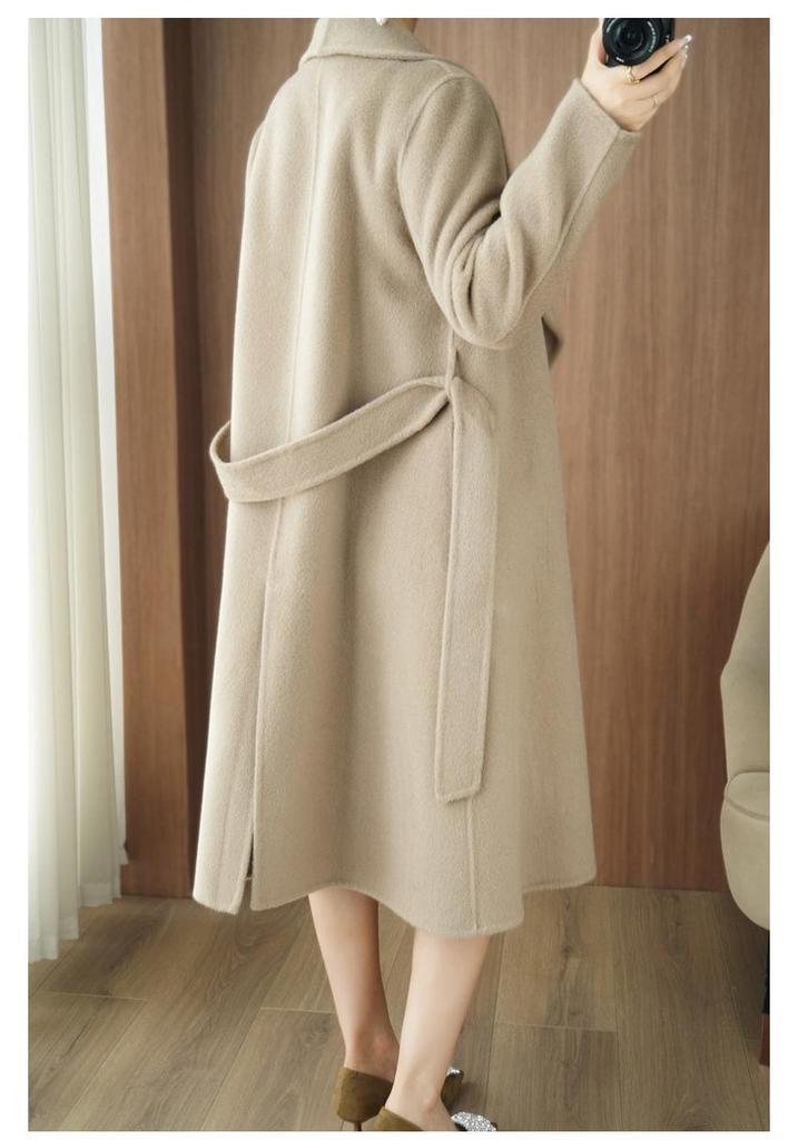 2025 Autumn/Winter Korean Style Double-Faced Wool Coat with Belt and Large Lapel, Over-the-Knee Mid-Length