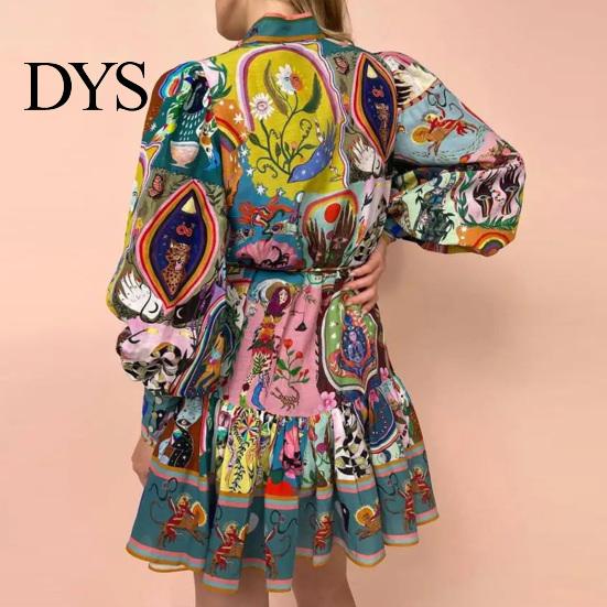 Stand Collar Lantern Sleeve Dress Fall Summer Women Single-breasted Long Sleeves Slim Vintage-inspired Waist Vintage Ruffle Edge Pleated Colorful