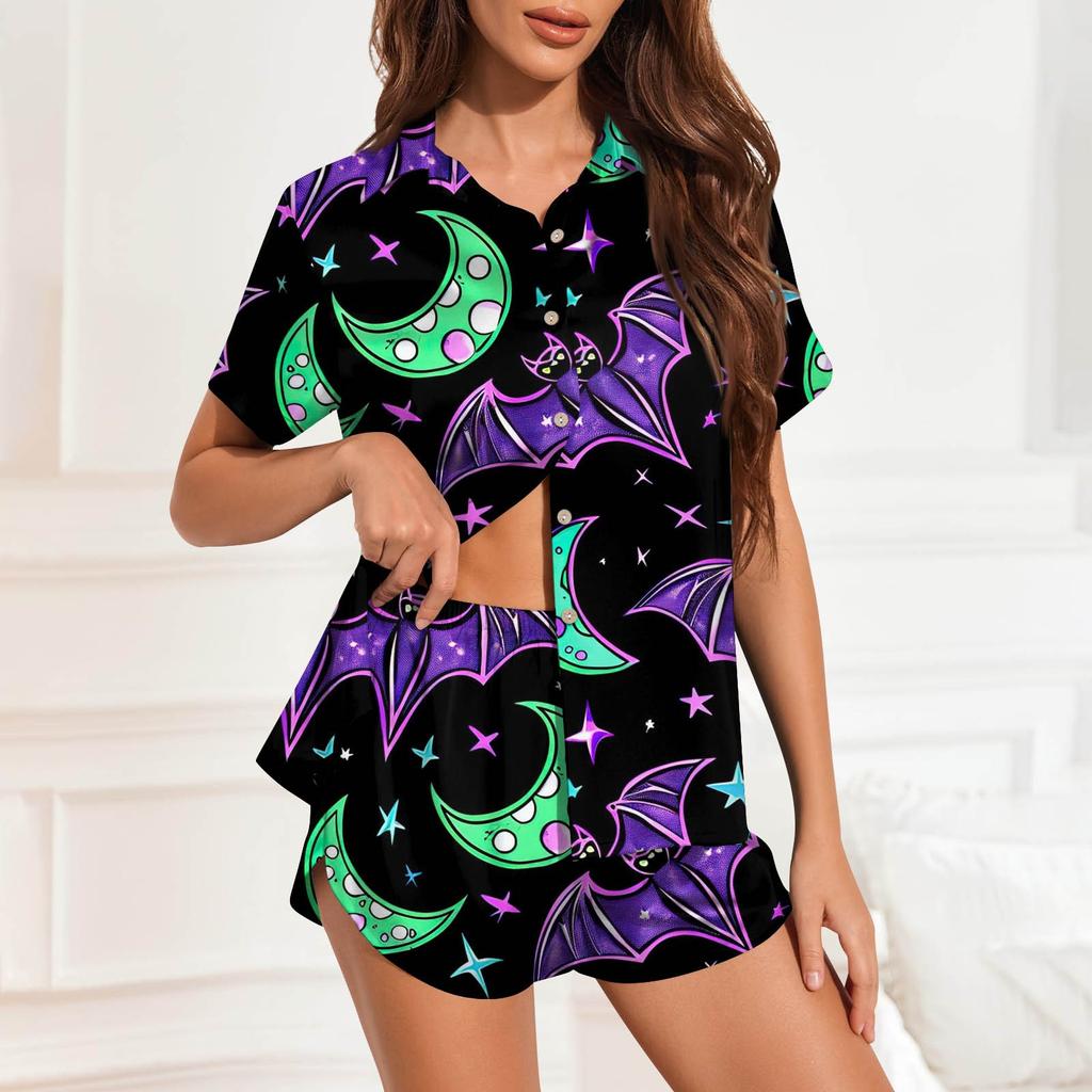 Damen Pyjama-Set aus Eisseide mit Knopfleiste, Heimkleidung, Halloween-Print, kurzärmliges Satin-Pyjama-Set