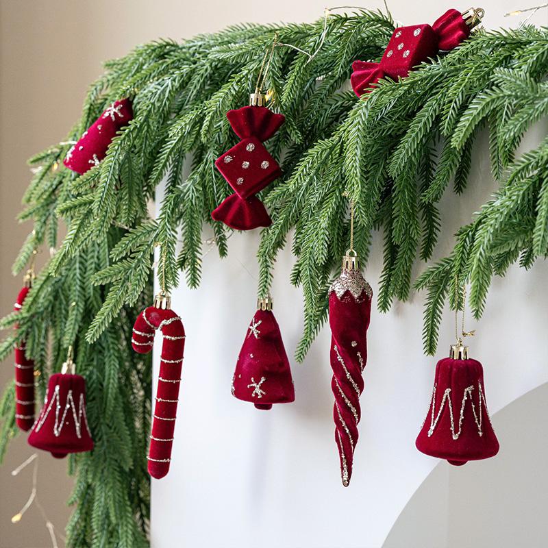 2Pcs Christmas Tree Decorations Red Wine Plush Painted Pendant Bell Bow Crutch For Home 2025 Xmas Navidad Gift