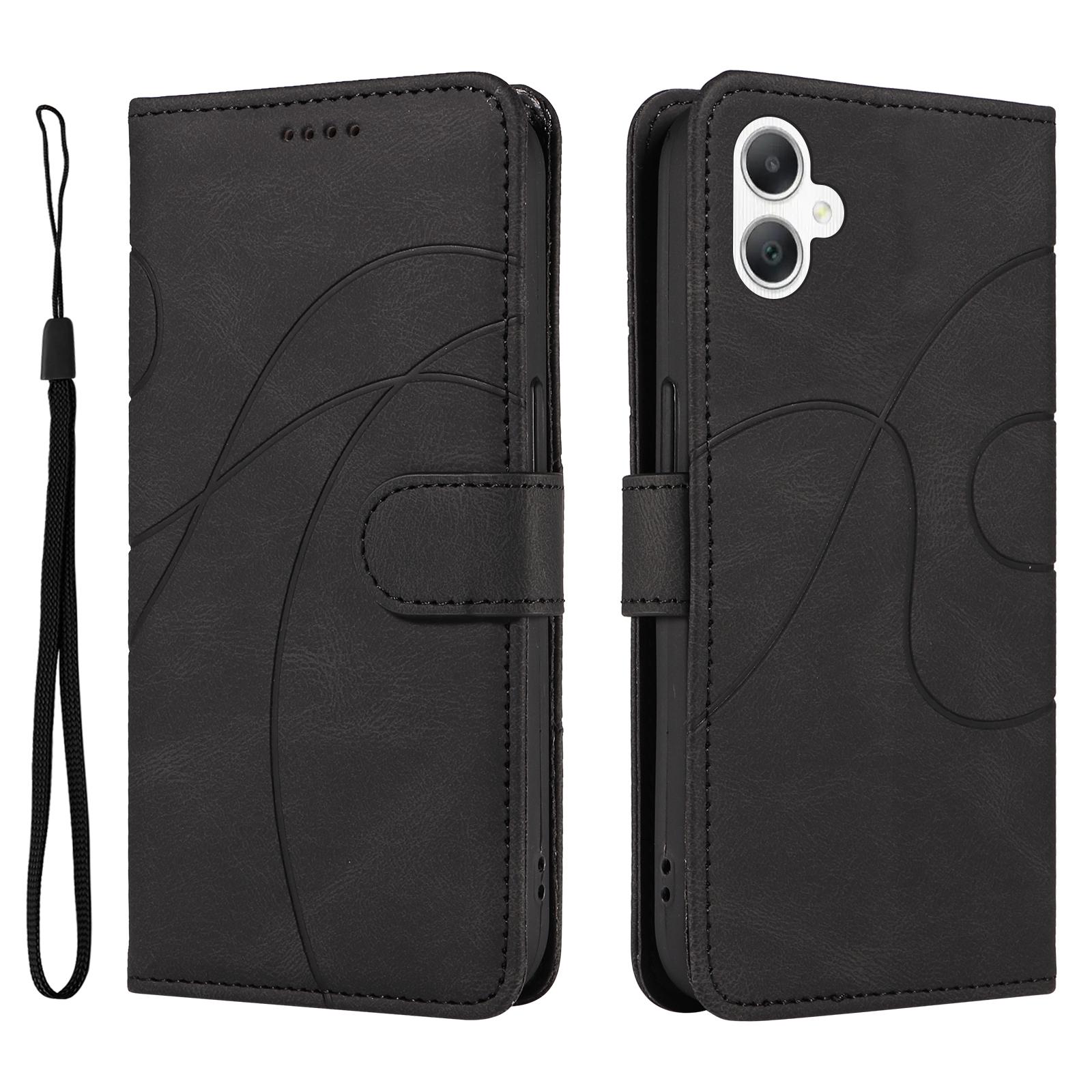 

For Samsung Galaxy A07 5G/A06 4G/A06 5G Case Stand Wallet Leather Phone Cover Curved Line Wrist Strap Black