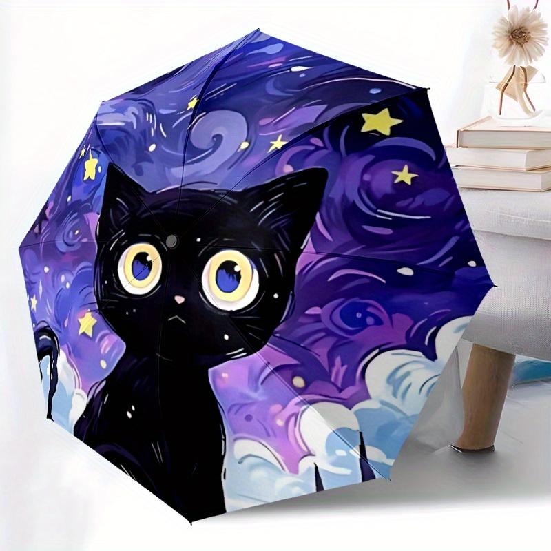 1pc "Starry Night Cat" Automatic Open 8-Rib Windproof Umbrella, Travel & Commuting, Suitable for All Seasons