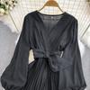 YYFS Abiti casual a vita alta con scollo a V a maniche lunghe con stampa tinta unita primavera autunno moda donna