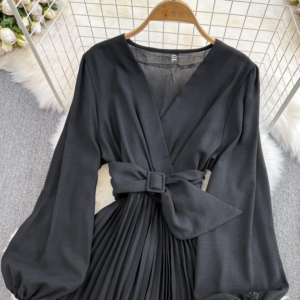 YYFS Abiti casual a vita alta con scollo a V a maniche lunghe con stampa tinta unita primavera autunno moda donna
