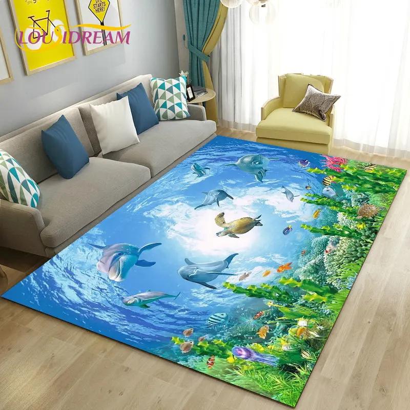 Seabed Illusion Underwater World  Dolphin Shark  Area Rug ,Carpet Rug for Living Room Bedroom Sofa Doormat Non-slip Floor Mat