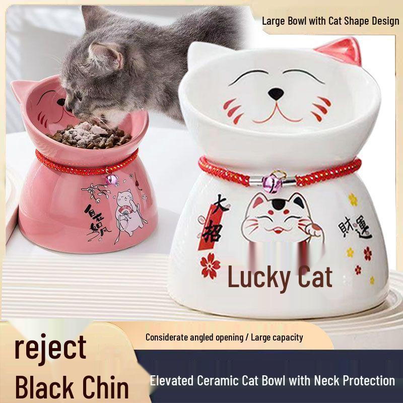 Anti-Spill Ceramic Cat Bowl with Neck Protector, High Foot Design, Anti-Slip, Prevents Black Chin Stains