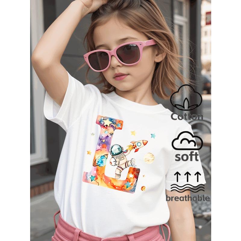 European sizes Girls T-Shirt Astronaut Rocket Stars Planets Space, Ideal for Outdoor Activities, Soft Knitted Top, Comfortable And Breathable 110
