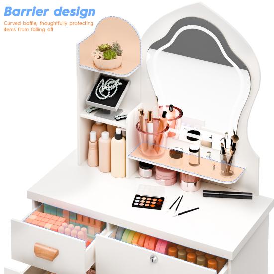 Makeup Vanity Desk with LED Lighted Crown-shaped Mirror, Vanity Table with 4 Drawers and Opening Shelves, Bedroom Dressing Table with