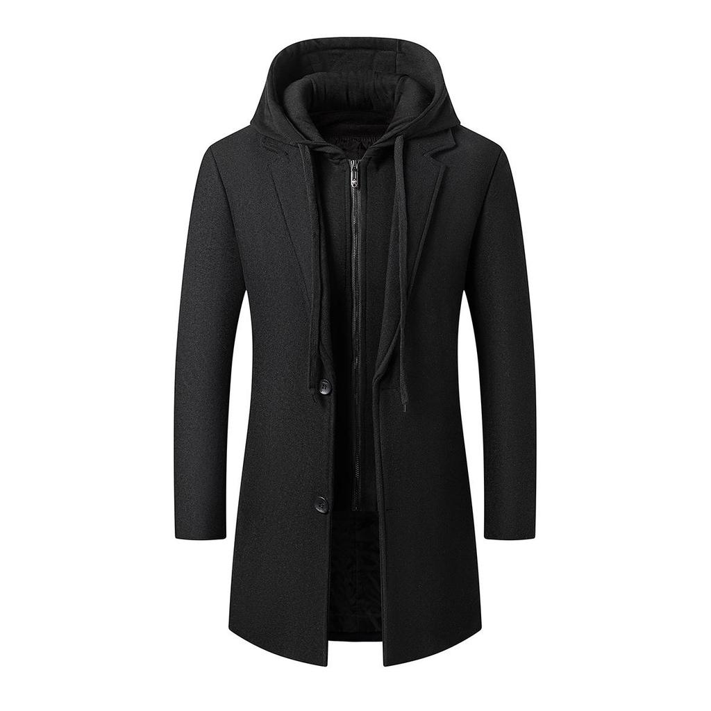 Korean-Style Men's Wool Blend Mid-Length Coat with Removable Hood