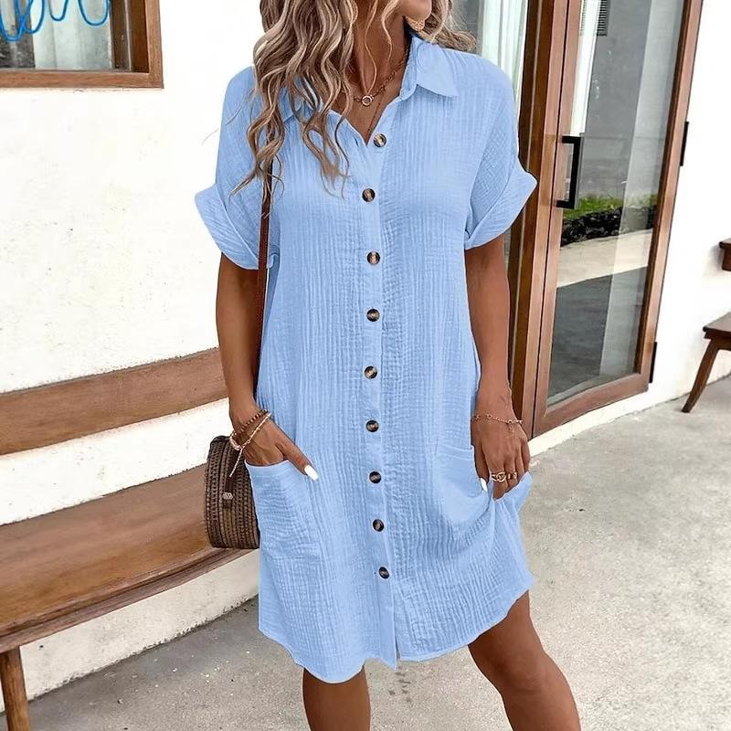 Casual solid color single-breasted medium and long short-sleeved loose casual dress women's clothing
