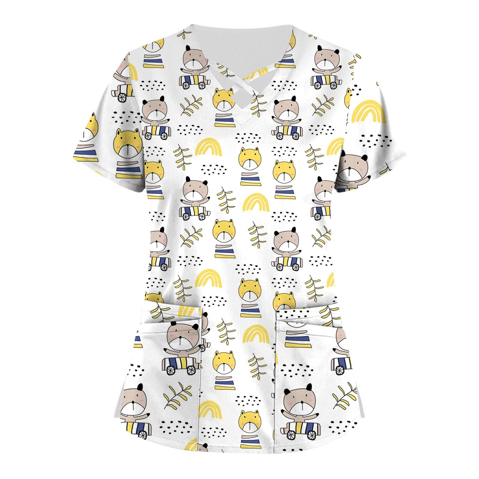 

Плюс размер, милая рабочая форма с принтом, топы для женщин, забавные футболки с перекрестным v-образным вырезом и короткими рукавами, рабочая одежда, футболка с карманами S жёлтый