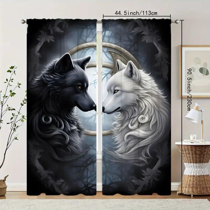 

Две шторы с принтом волков в черно-белую клетку, на кулиске, для украшения комнаты, для украшения дома 29Wx64L(75x166CM)x2