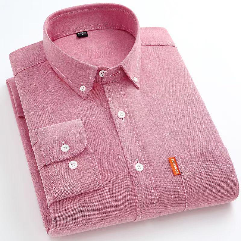 Men's Versatile Long-Sleeve Cotton Oxford Shirt - Solid Color for Spring & Autumn Business Casual