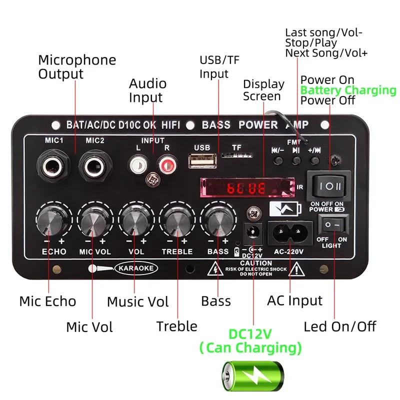 WOOPKER 30W-120W Digital Bluetooth Amplifier Board D10C Subwoofer Dual Microphone Amp Speaker for Car Karaoke Home Theater DIY