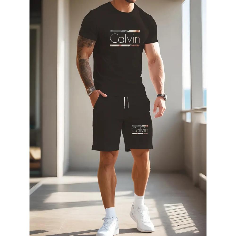 Sommer Herren Freizeit Kurzarm T-Shirt + Shorts Set, atmungsaktiv und modisch bedruckt Sportbekleidung - waschbar XL