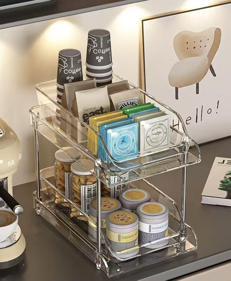 Luxury Double-Layer Pull-Out Cup Holder & Organizer: Kitchen Desktop Multi-Purpose Storage Rack.