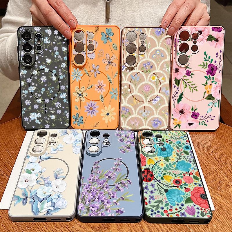 Etui z kwiatowym wzorem lawendy, piwonii i róży dla Samsung Galaxy S26 Ultra S25 Edge S24 Plus S23 FE S22 A17 A54 A55 A56 A57 5G Magnetyczne Pokrowiec dla Magsafe