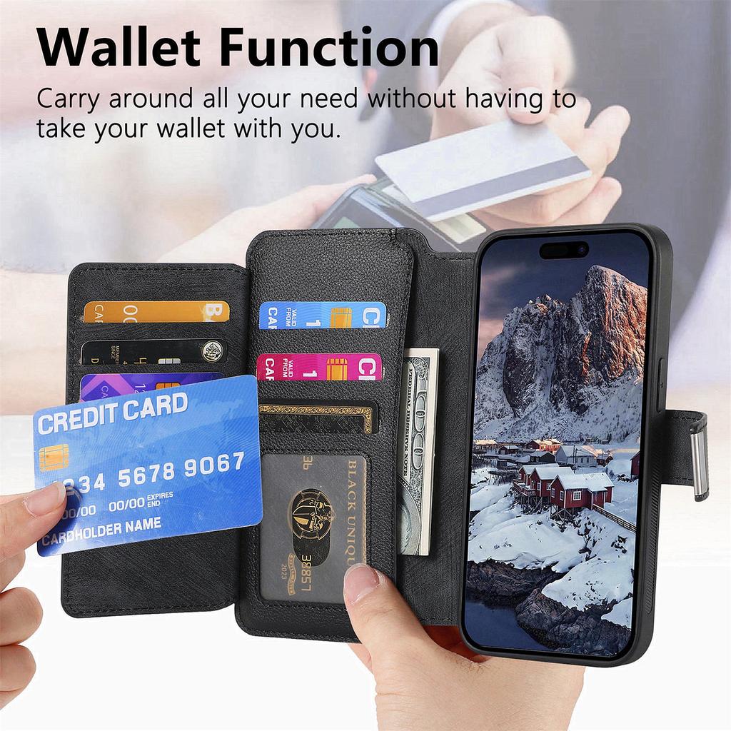 For iPhone 15 14 13 12 11 XS Max XR 8 7 6 Plus Wallet Case, Zipper Storage Design, Detachable Magnetic Flip Folio Cover