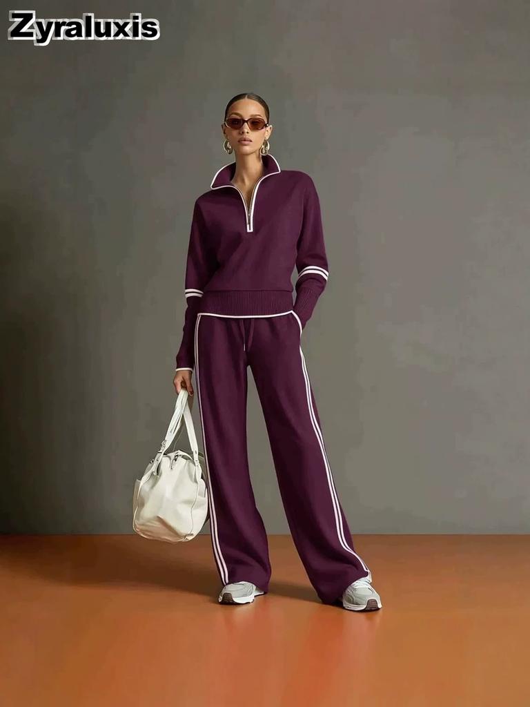 New Casual Sports Set Wind-Breasted Color Block Hoodie Wide Leg Pants Two Piece Outfit